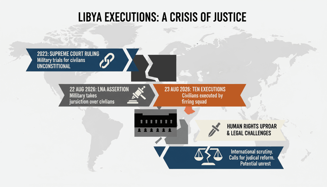 A visual representation of the legal and human rights implications of military court executions in Libya.