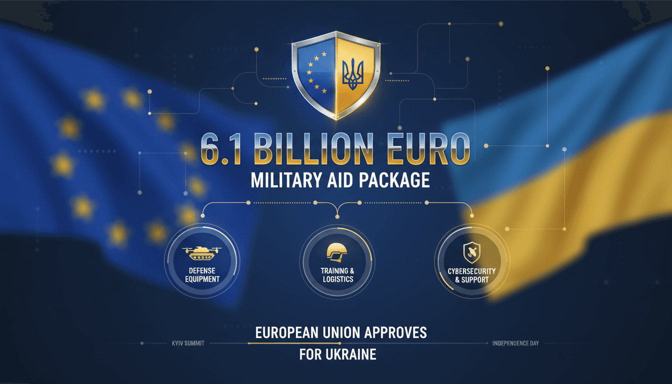 Infographic detailing the 6.1 billion euro military aid package from the EU to Ukraine, highlighting key components and implications.