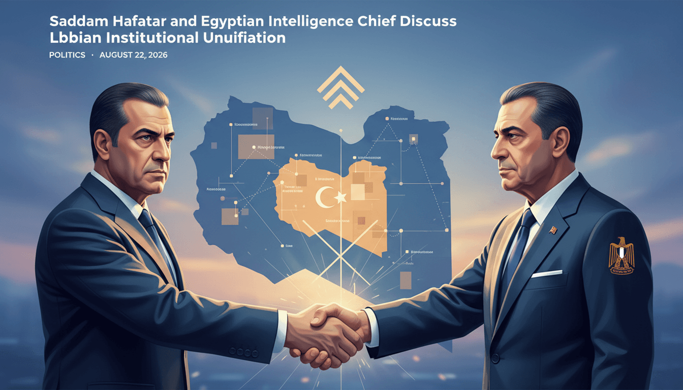 Saddam Haftar and Egyptian intelligence chief discussing Libyan elections and stability efforts.