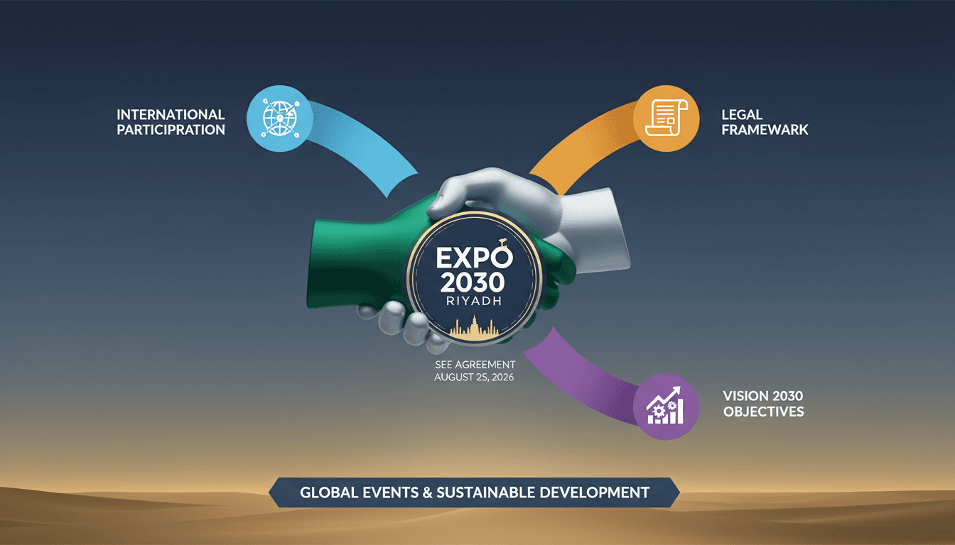 Infographic detailing the SEE Agreement for Expo 2030 Riyadh, highlighting key participants and expected visitor numbers.