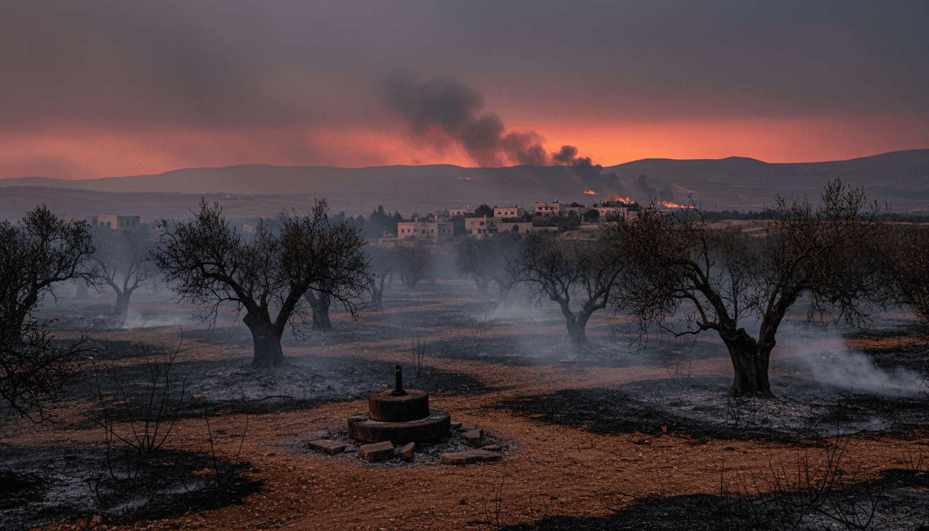 Charred olive groves in southern Lebanon, illustrating the impact of military operations on agriculture.
