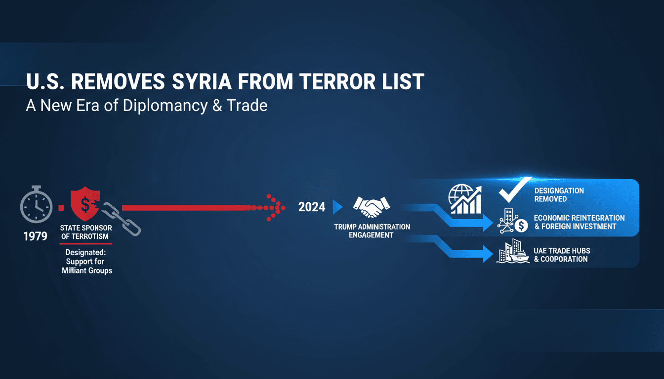 Infographic showing the timeline of Syria's removal from the U.S. state sponsors of terrorism list and its implications.