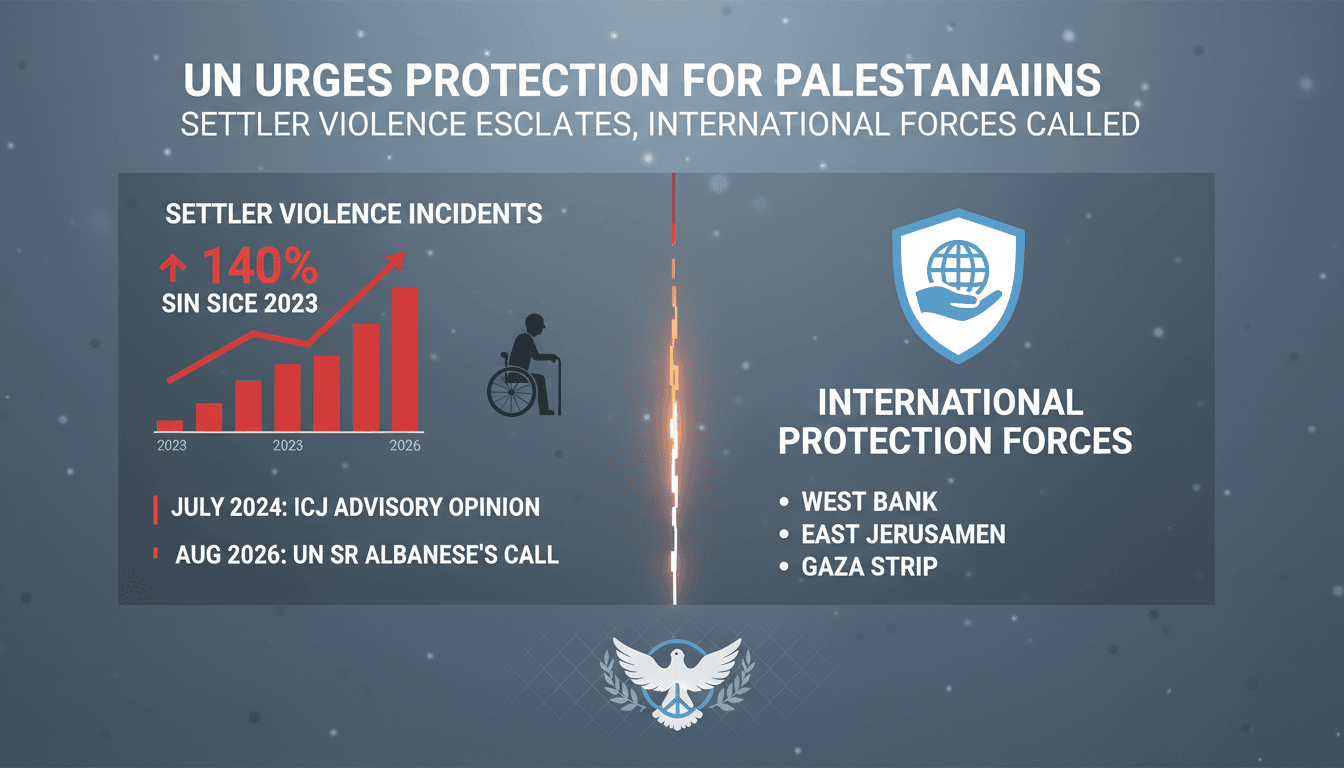 Infographic showing the rise in settler violence and the UN's call for international protection forces in Palestinian territories.