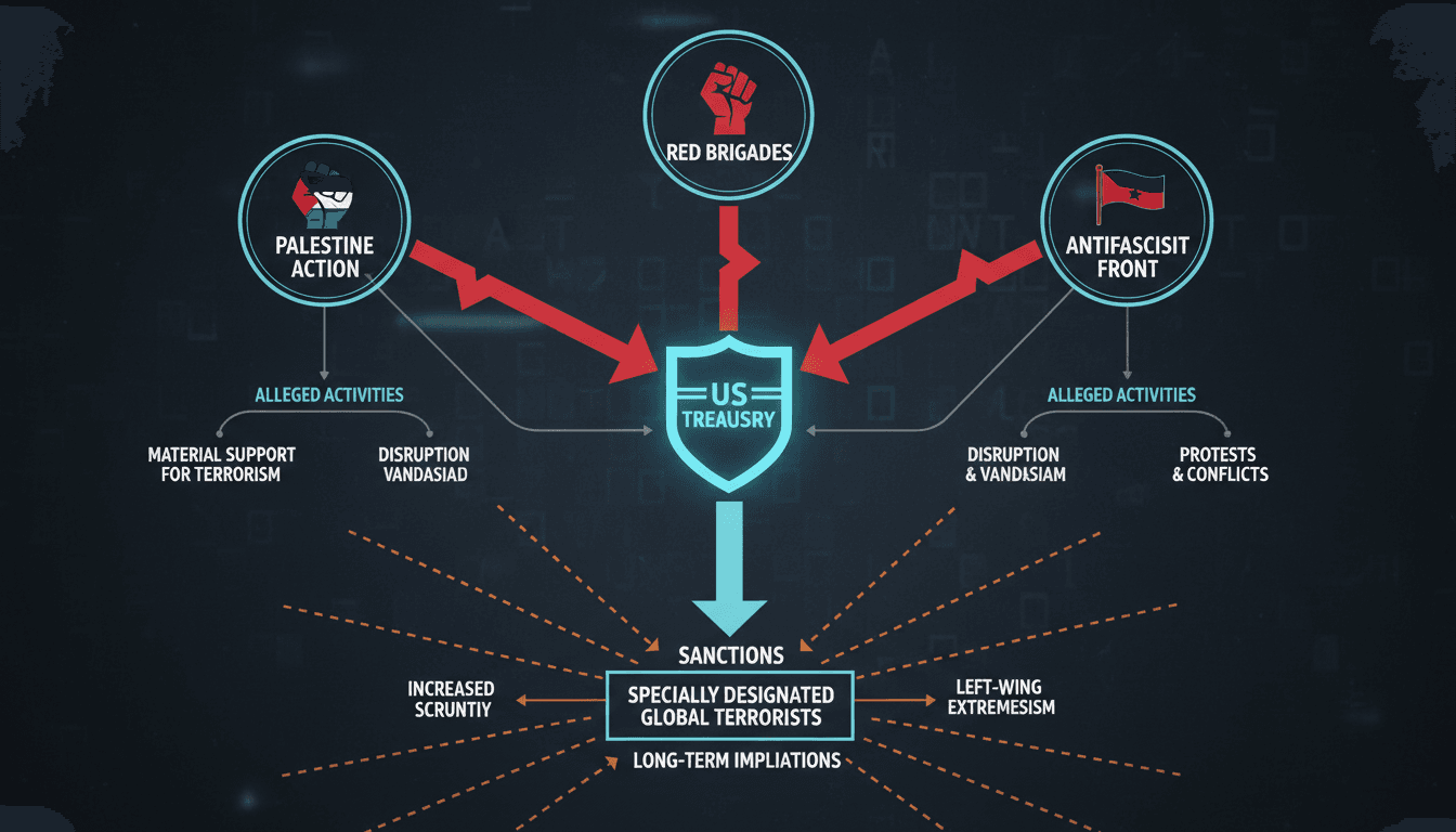 Infographic showing the US sanctions on Palestine Action and its implications for international activism and financial compliance.