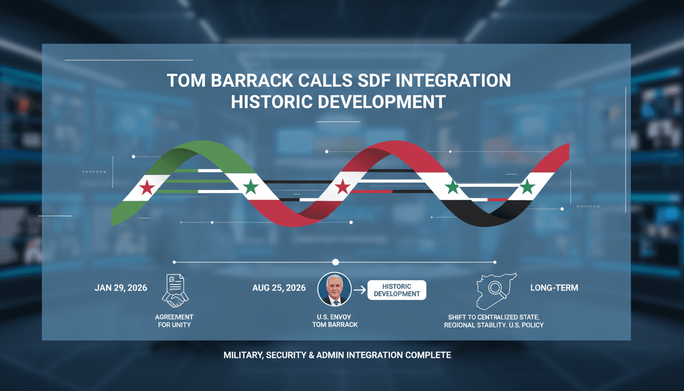 Infographic showing the integration of the SDF into Syrian state institutions, highlighting key figures and timelines.