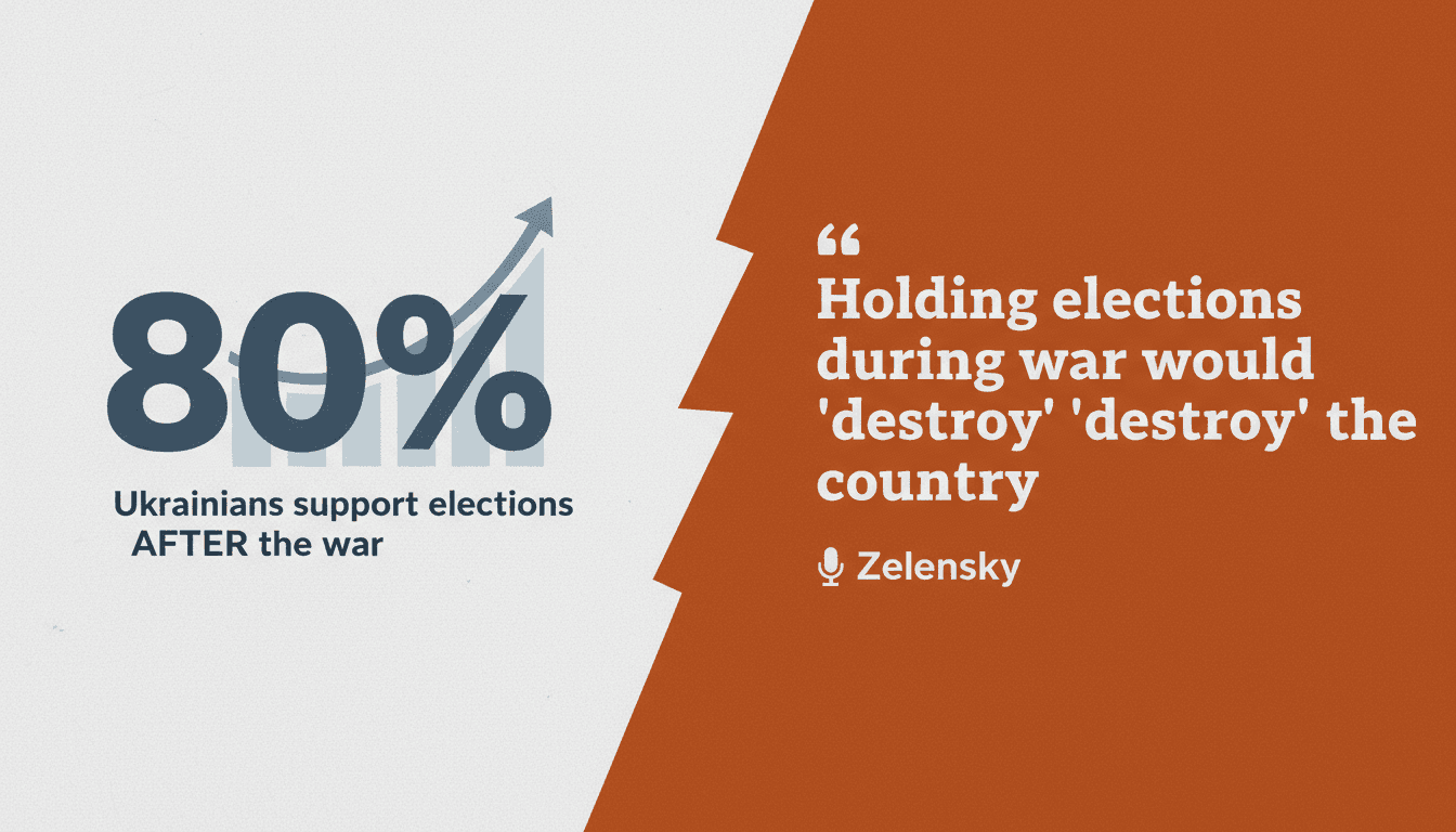 A graphic illustrating Zelensky's stance against wartime elections in Ukraine, highlighting public opinion statistics.