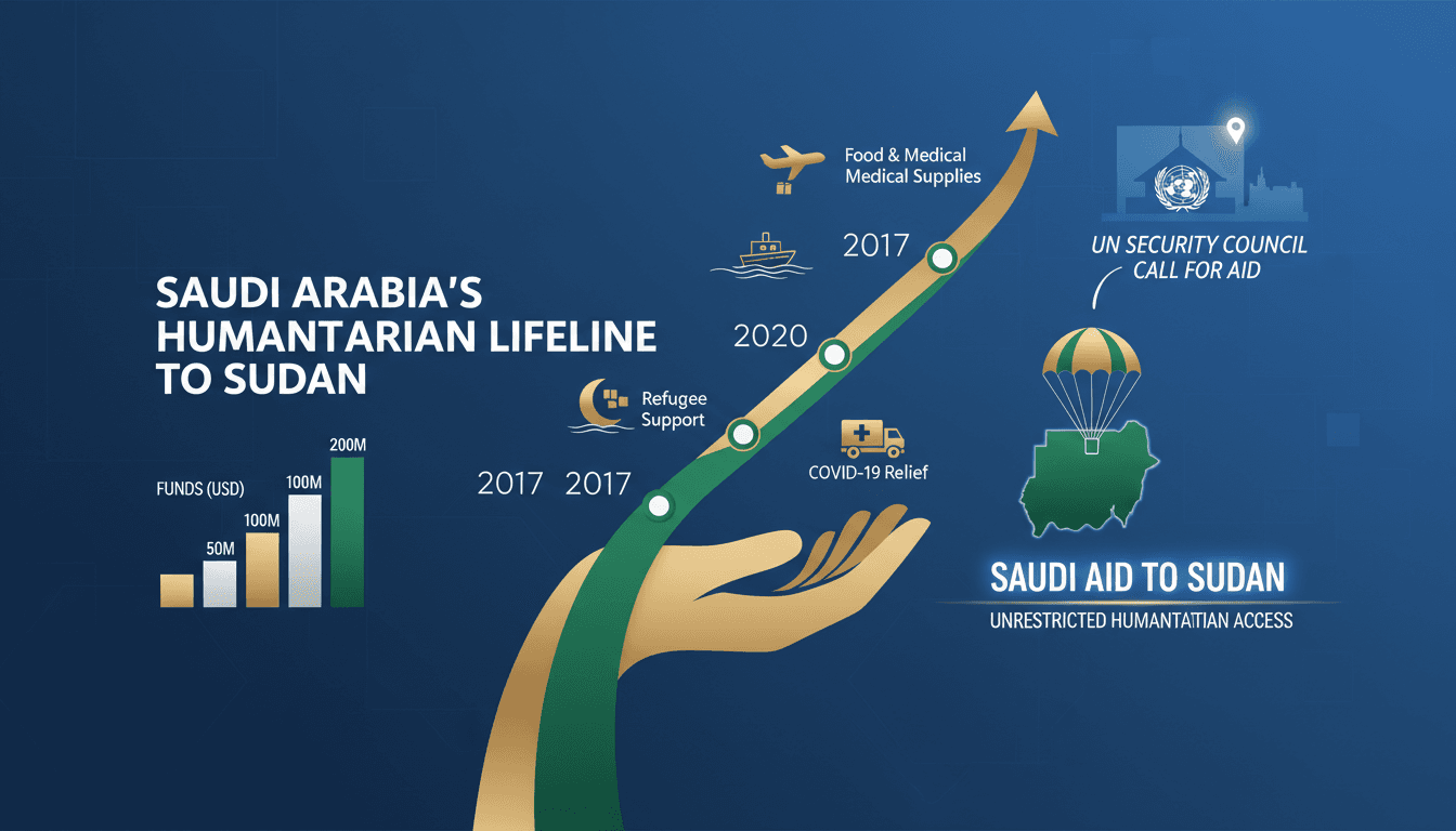 A graphic illustrating Saudi Arabia's $3.1 billion humanitarian aid to Sudan amidst ongoing conflict.