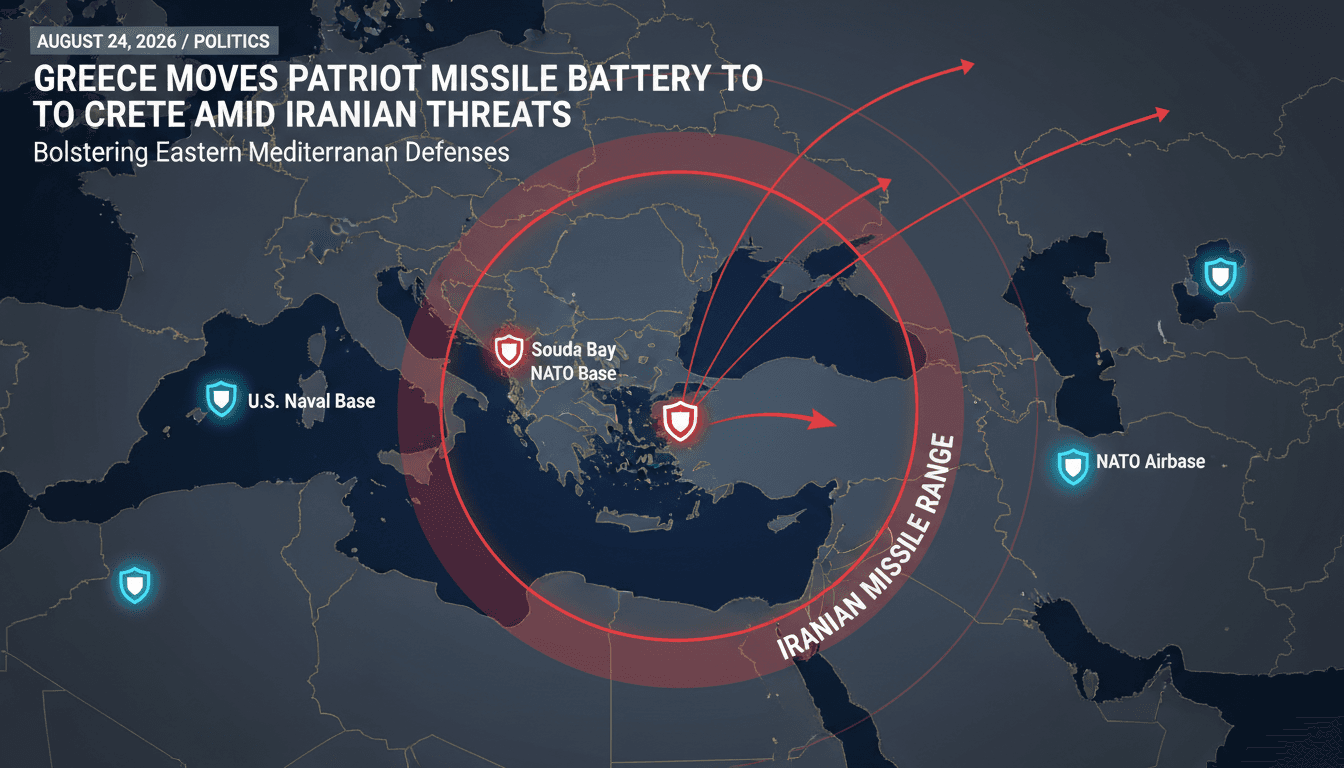 Map showing the redeployment of Greece's Patriot missile battery and Iranian missile range capabilities.