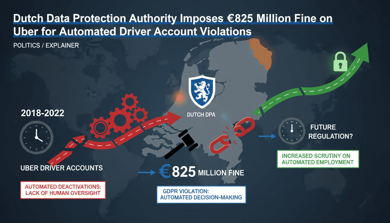 Infographic showing Uber's automated driver deactivations timeline and regulatory responses.