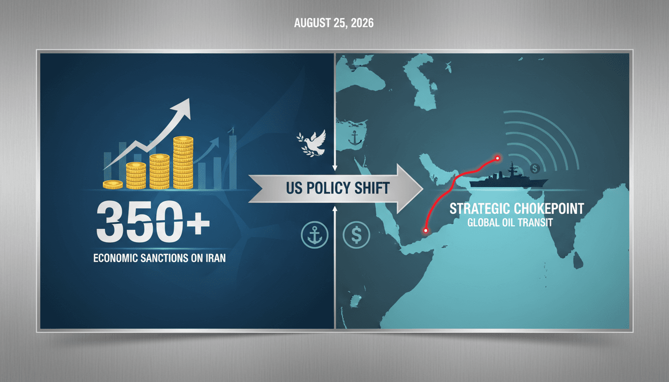 Infographic illustrating US sanctions on Iran and the significance of the Strait of Hormuz in global trade.