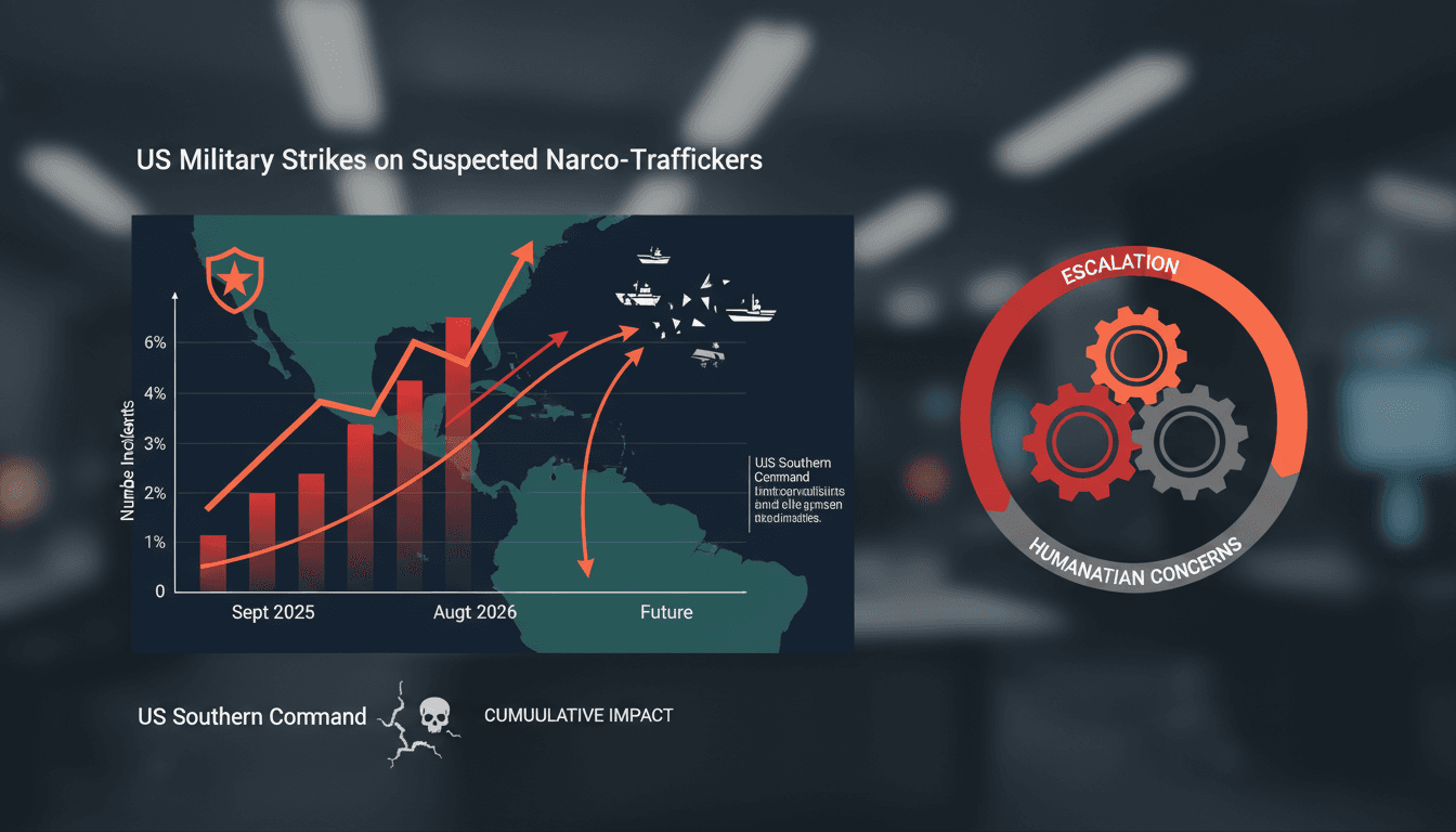 Infographic showing US military strikes against narco-traffickers and their impact on international relations.