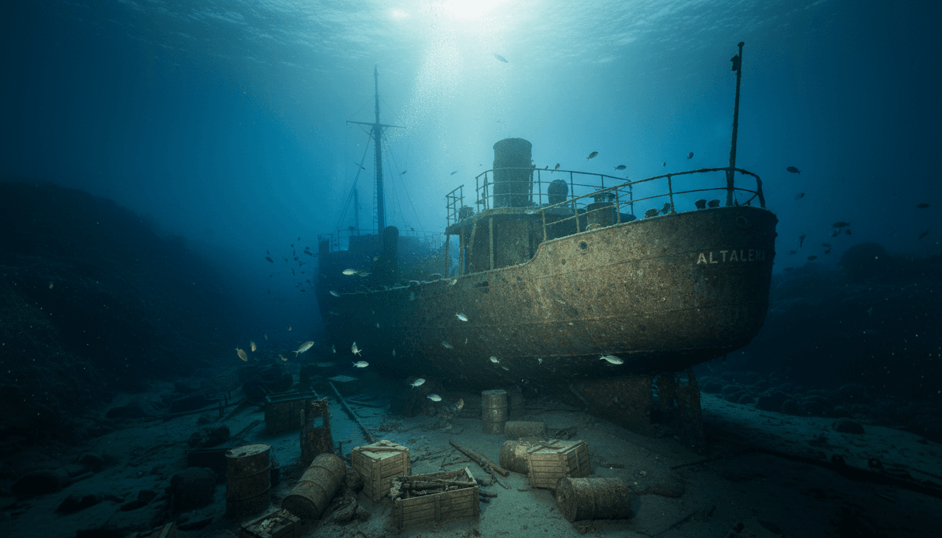 Underwater view of the Altalena wreck, located 503 meters deep, symbolizing historical conflicts in Israel.