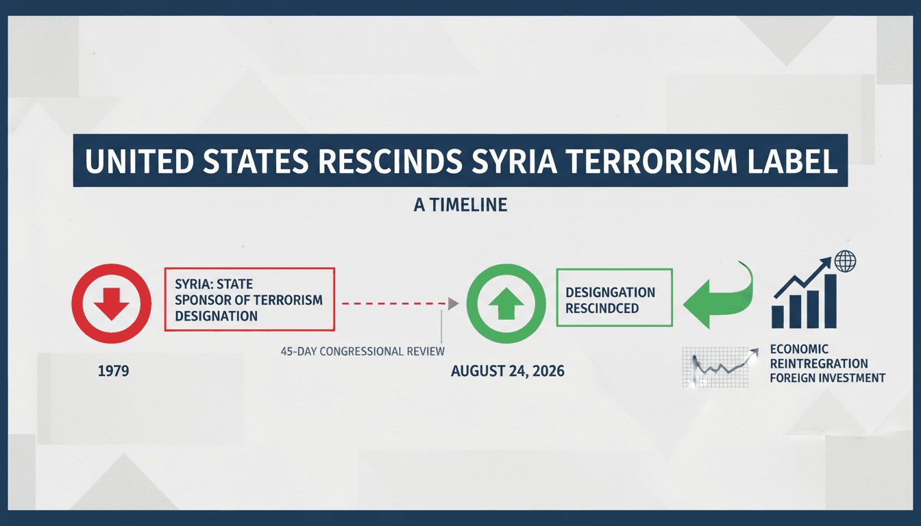 Infographic showing the timeline of Syria's designation as a state sponsor of terrorism and its recent rescission.