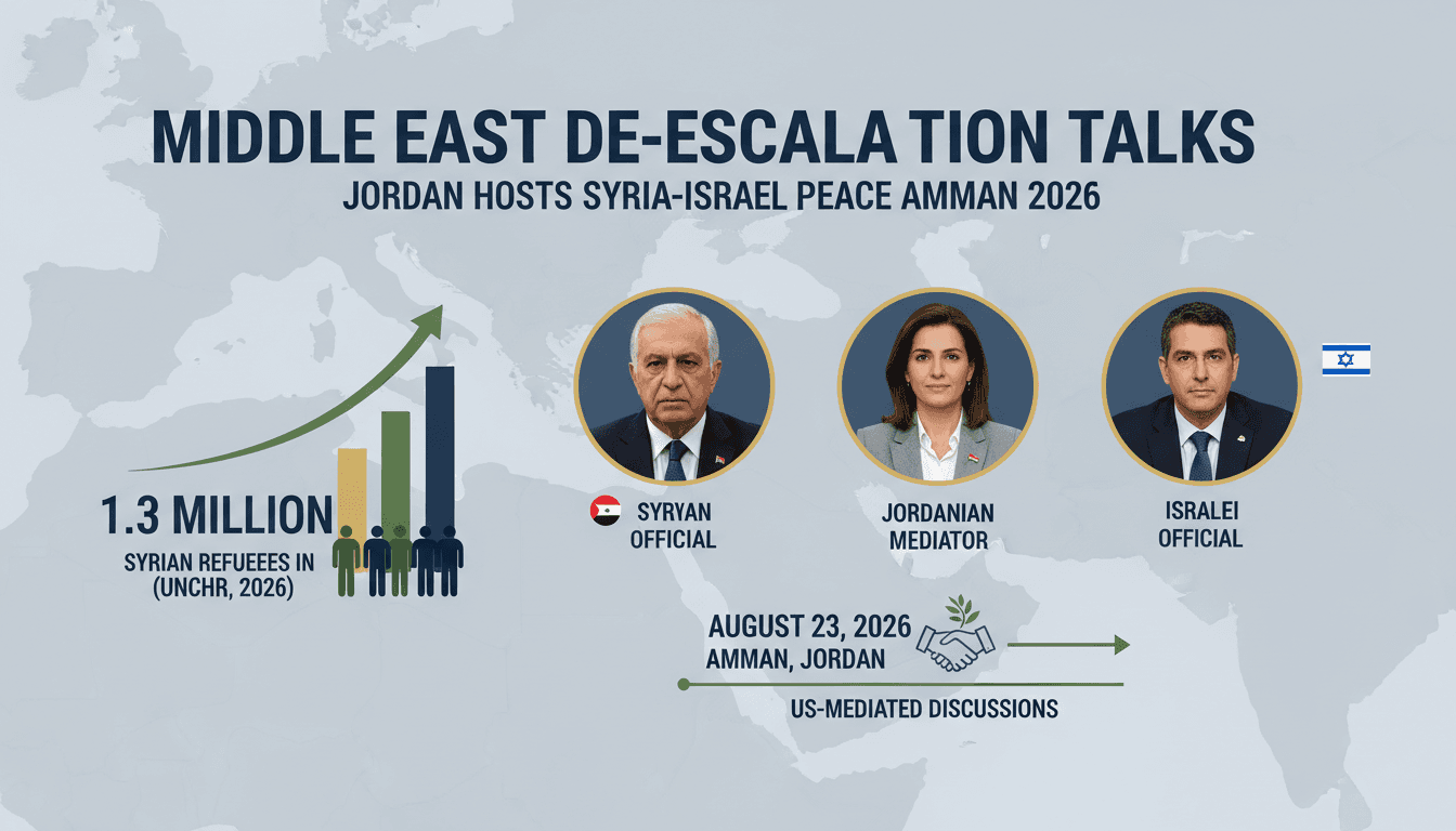 Infographic showing Syrian-Israeli meeting details and refugee statistics in Jordan.
