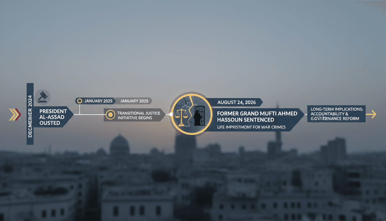 A timeline of Syria's transitional justice process, focusing on Ahmed Hassoun's sentencing and its implications.