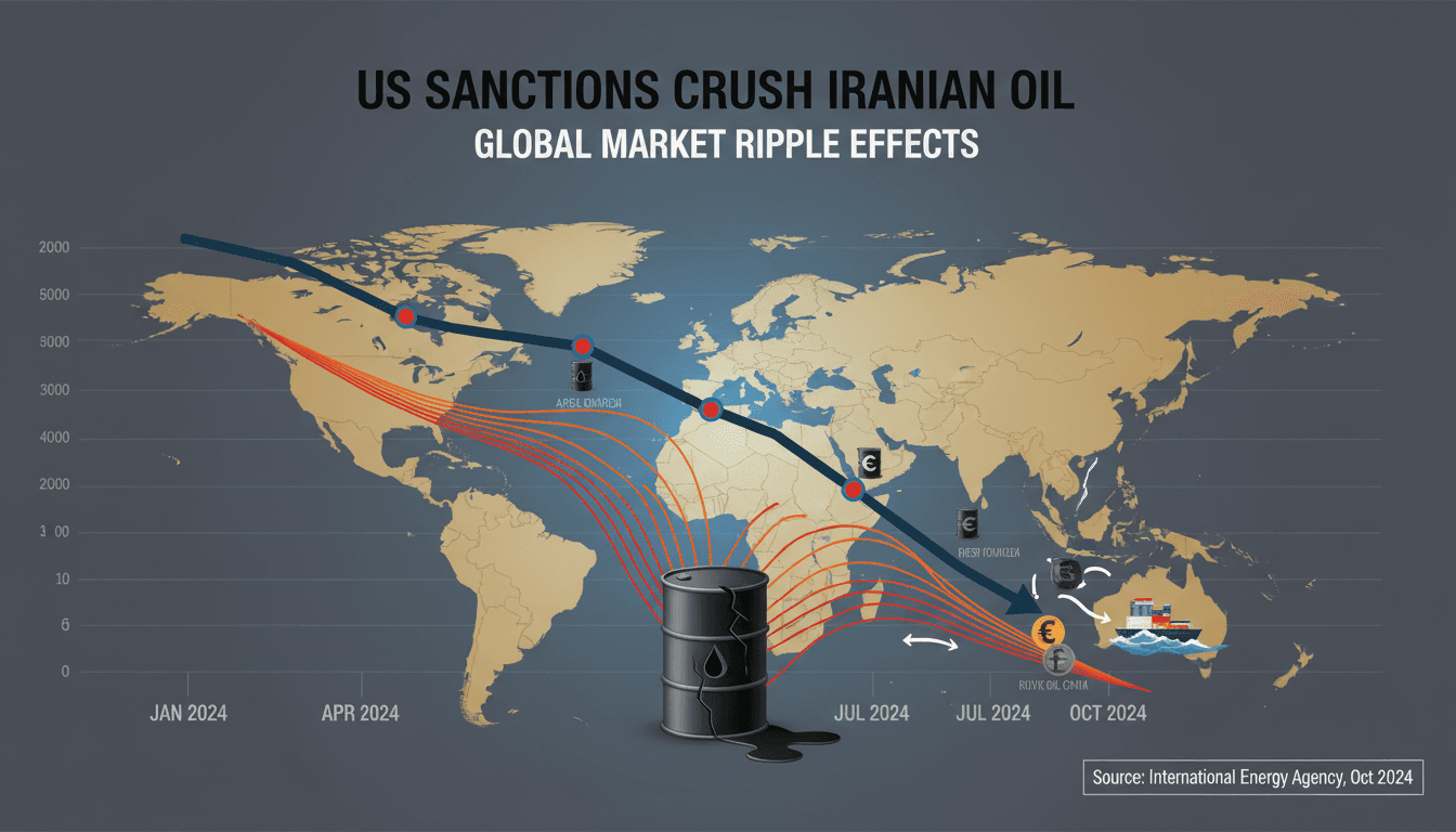 Infographic showing the decline in Iranian oil exports and the impact of US sanctions on global trade.
