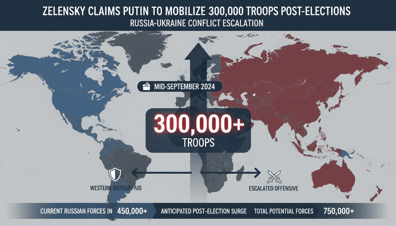 Infographic illustrating Zelensky's warning about Russian troop mobilization and its potential global impacts.