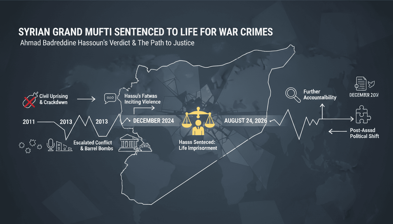 Infographic showing the timeline of the Syrian civil war and Ahmad Badreddine Hassoun's sentencing for war crimes.