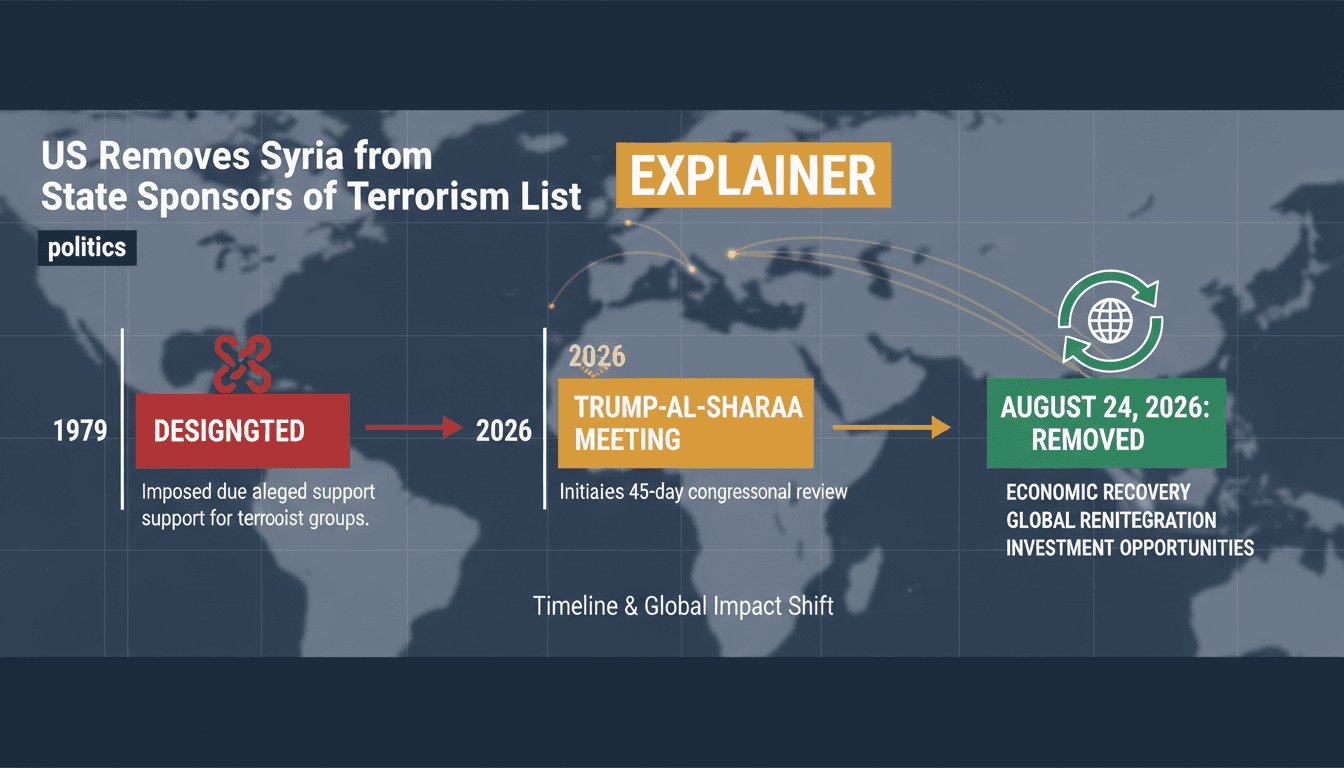 Infographic showing Syria's removal from the US terrorism list and its implications for investment and reconstruction.
