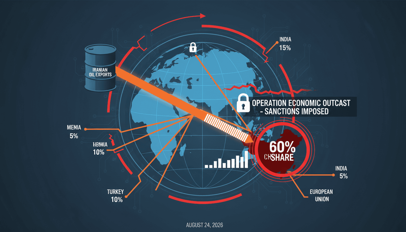 Infographic illustrating the impact of US sanctions on Iran's economy and oil exports, emphasizing China's role.