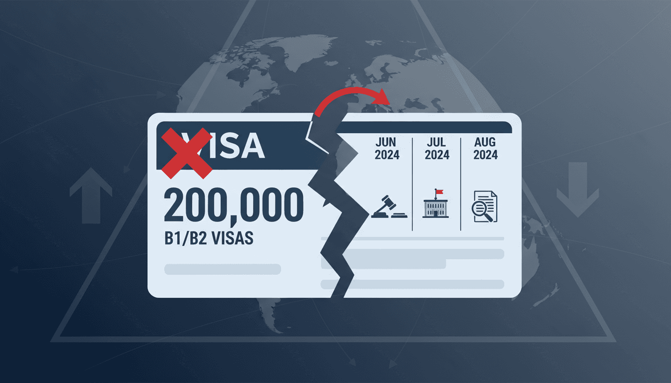 Infographic illustrating the Trump administration's plan to revoke B1/B2 visas for asylum seekers.