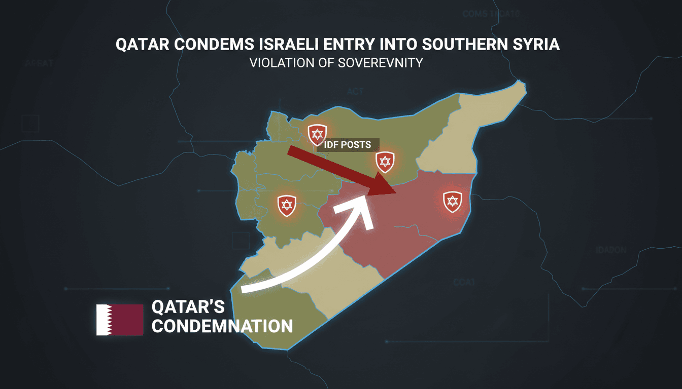 Map of southern Syria highlighting IDF posts and Qatar's condemnation of the Israeli Defense Minister's visit.