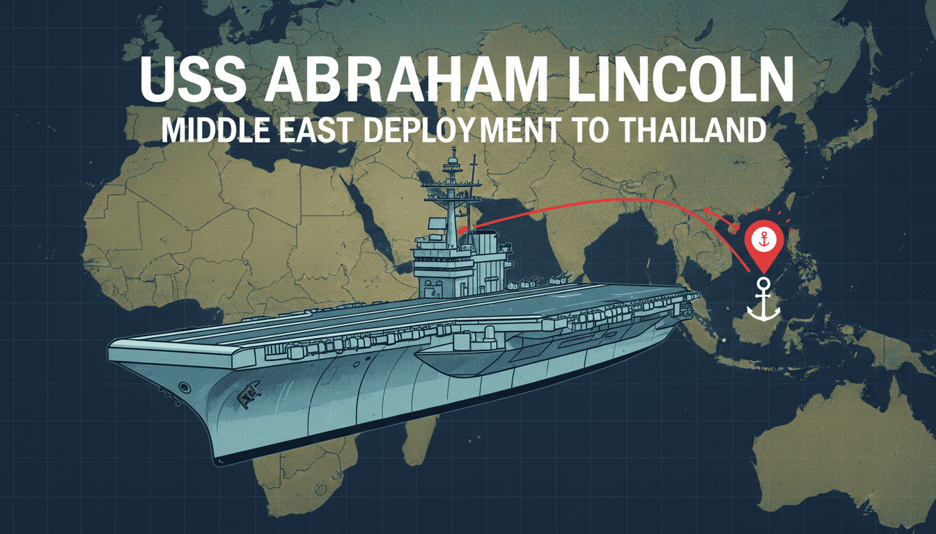 USS Abraham Lincoln docking in Thailand, highlighting its extended deployment and military presence in the region.