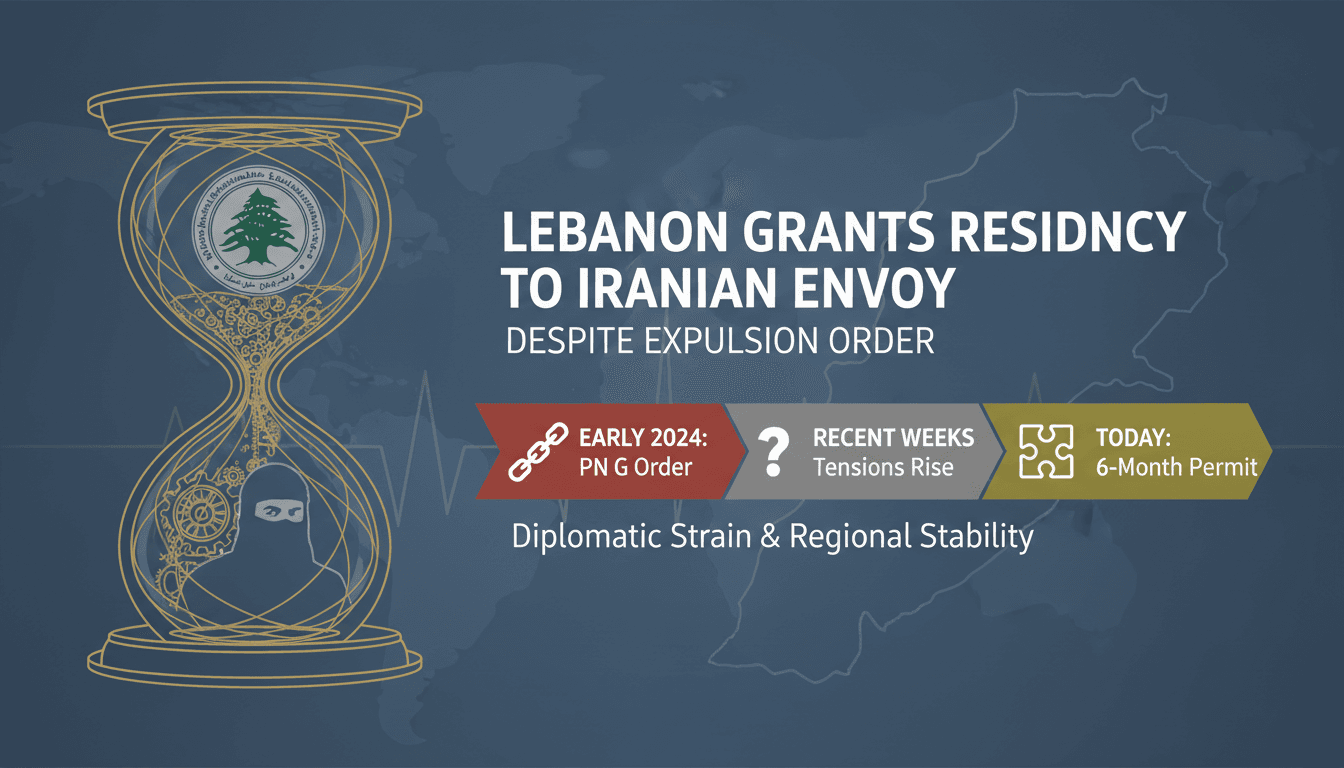 A visual timeline of the Iranian envoy Sheibani's residency status and Lebanon's diplomatic tensions.