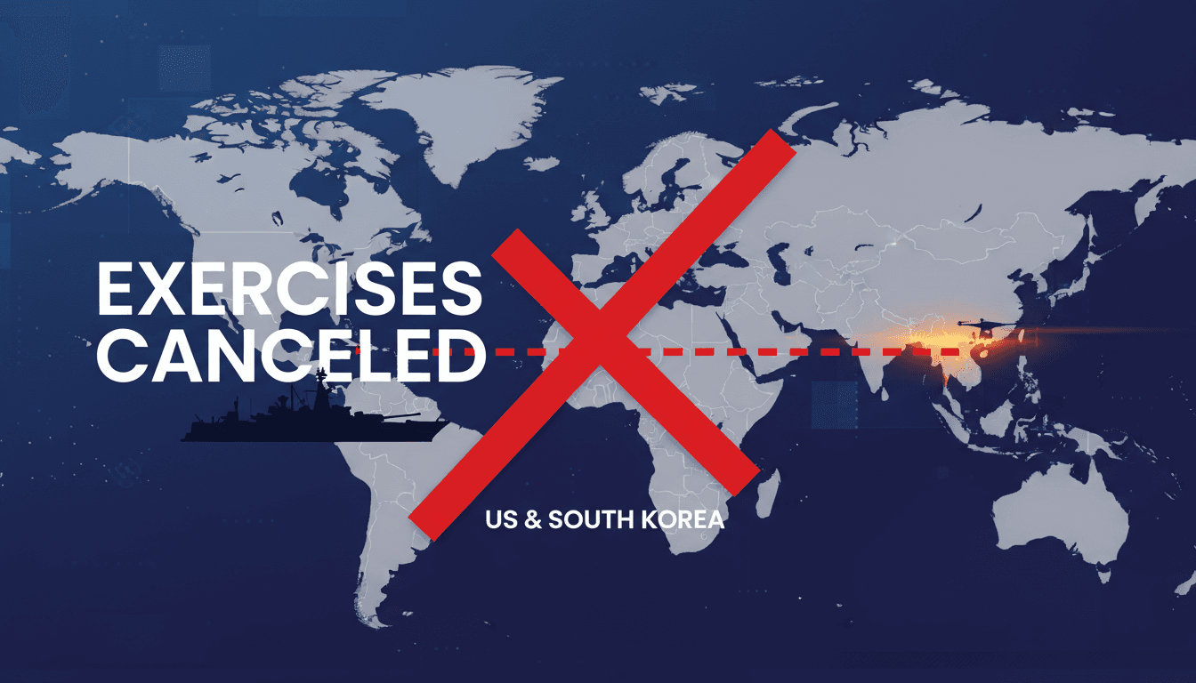 A map showing the U.S. and South Korea with a cancellation notice for military exercises.