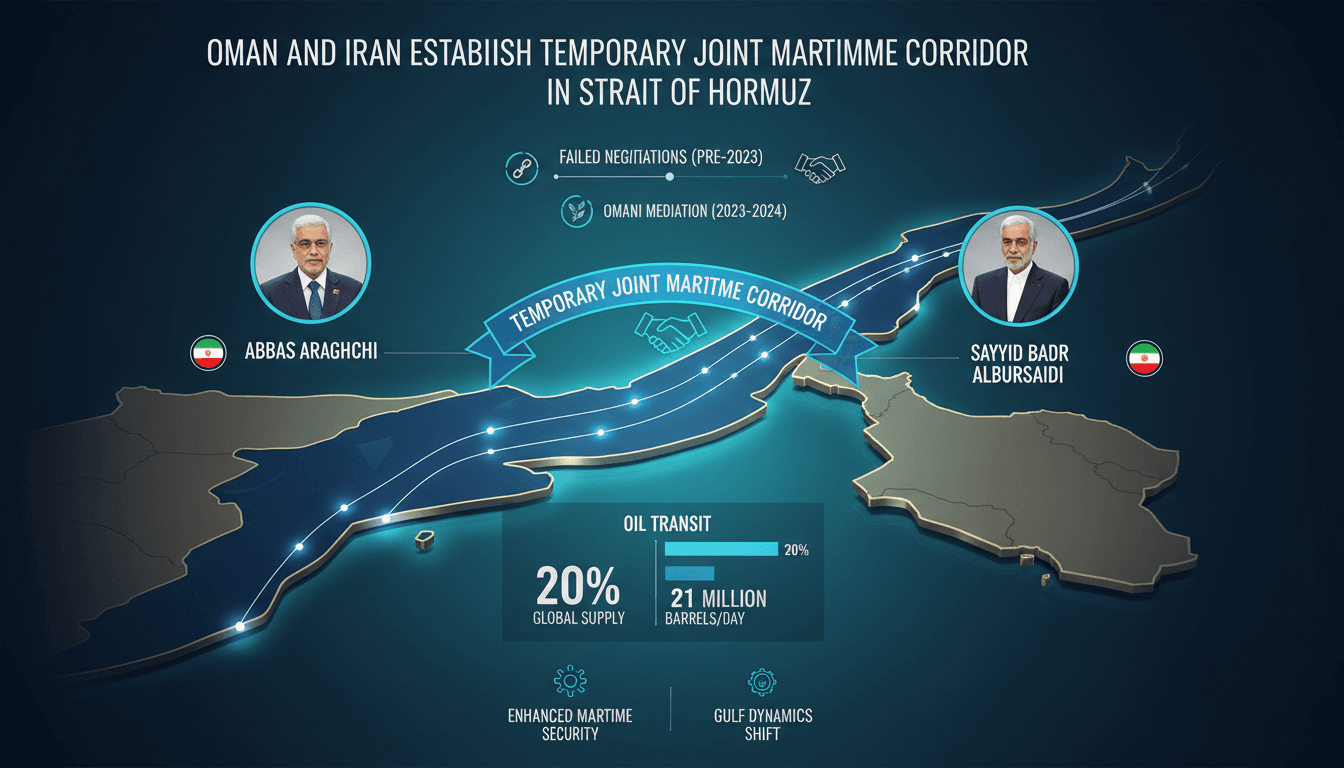 Infographic depicting the Oman-Iran maritime corridor agreement and oil transit statistics in the Strait of Hormuz.