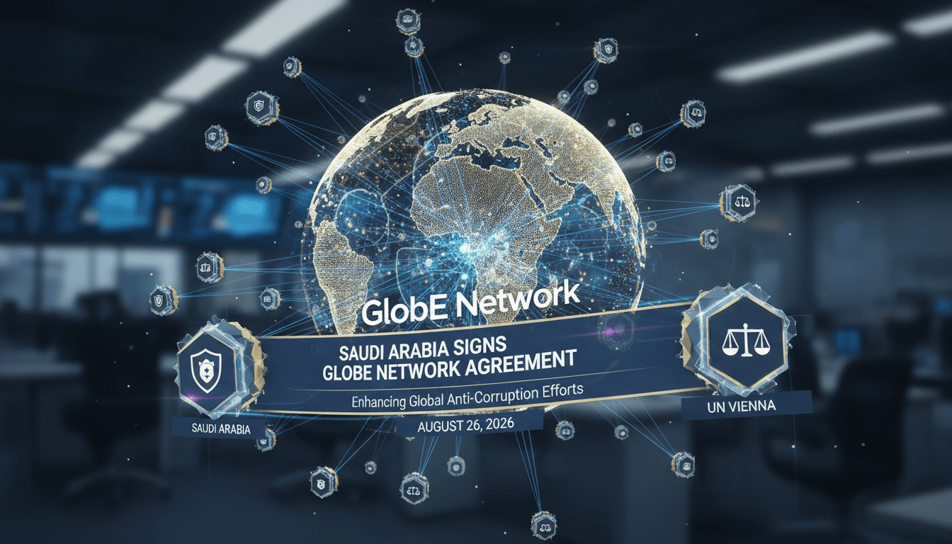 Infographic showing the GlobE Network's role in international anti-corruption efforts, highlighting Saudi Arabia's leadership.