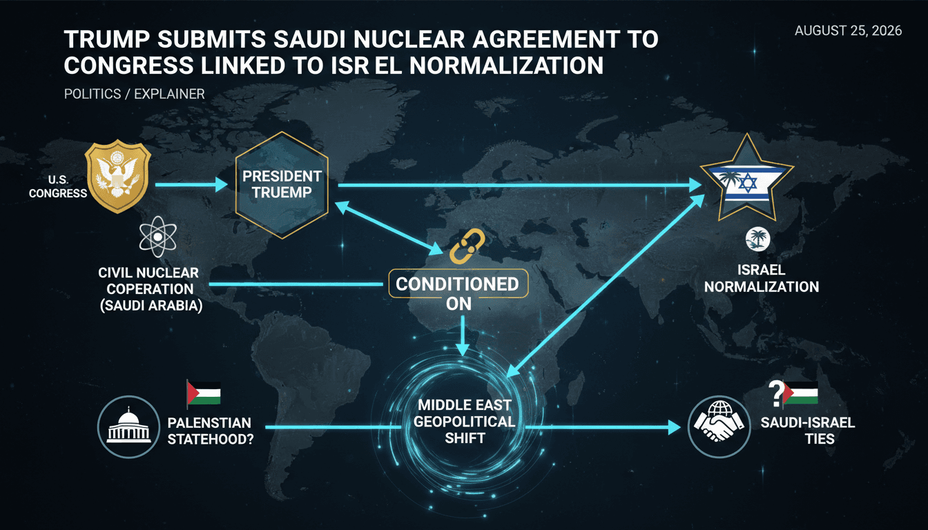 Infographic showing the implications of Trump's Saudi nuclear deal and its connection to Israel normalization.