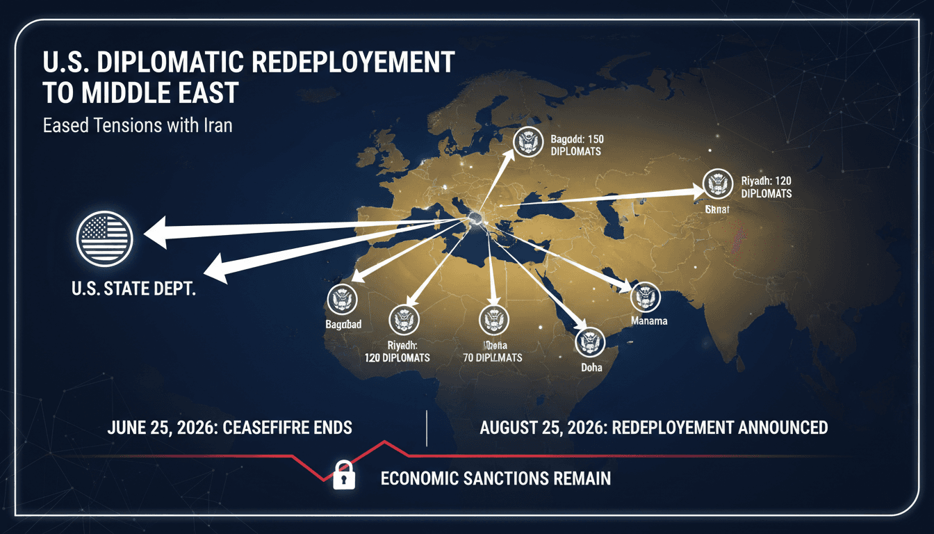 Infographic showing U.S. diplomatic redeployment to Middle East embassies and staffing levels.