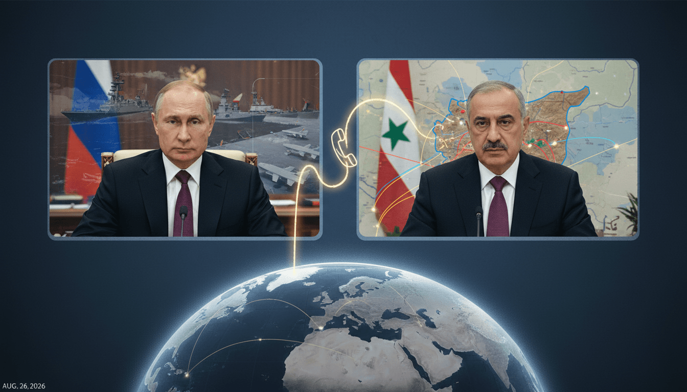 Putin and al-Sharaa discussing military base agreements over a phone call, highlighting Russia-Syria relations.