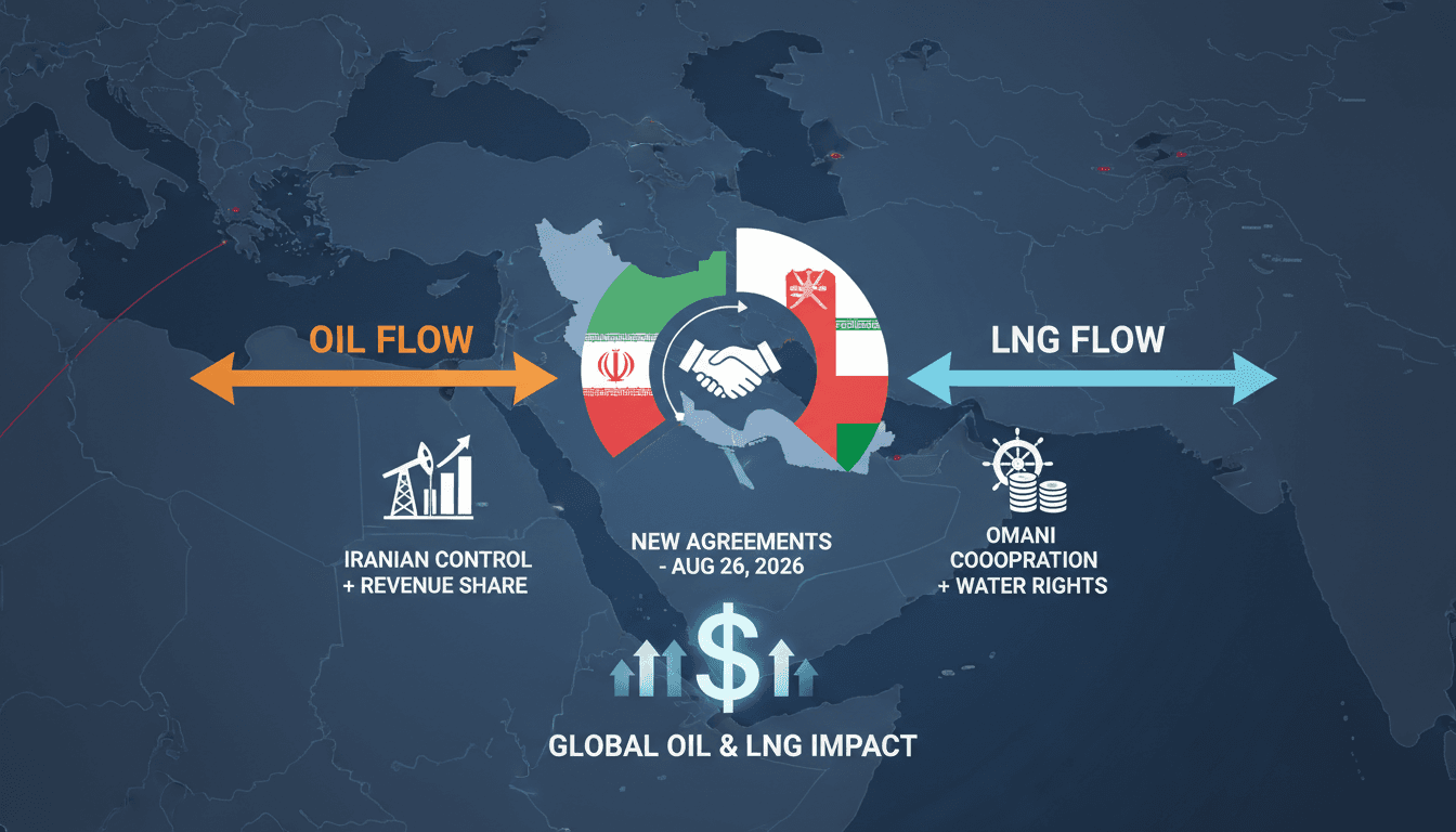 Infographic showing the flow of oil and LNG through the Strait of Hormuz, highlighting Iran and Oman's new agreements.