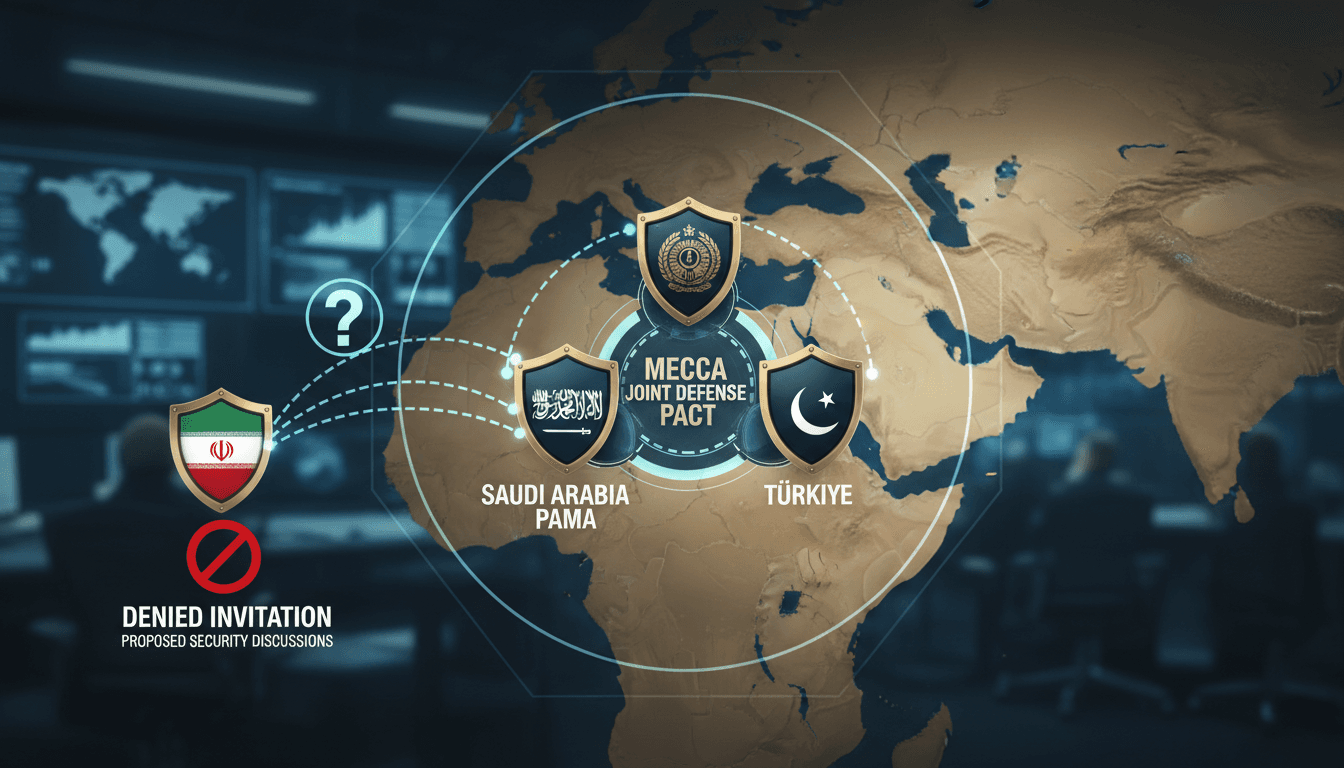 A map highlighting the Mecca Joint Defense Pact members and Iran's proposed security discussions.