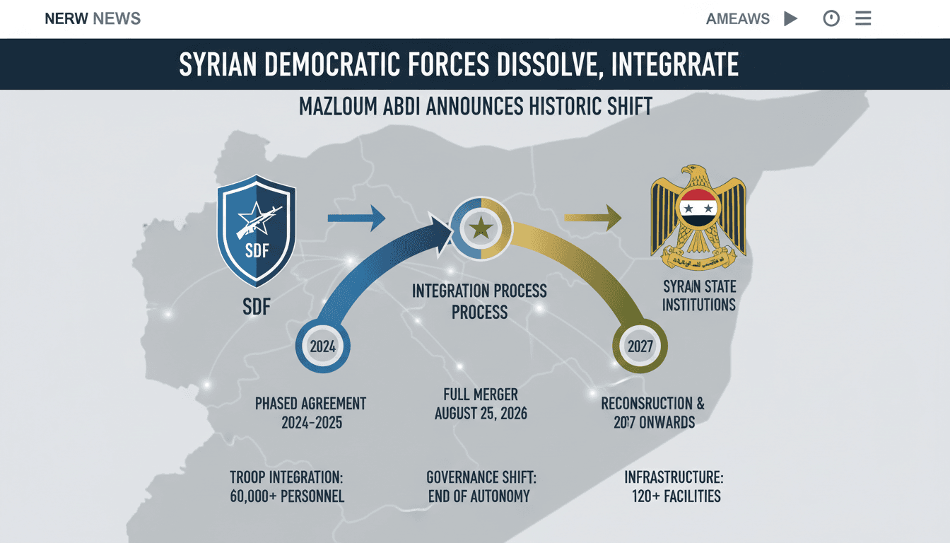 Infographic showing the integration of SDF into Syrian state institutions, highlighting key statistics and timelines.