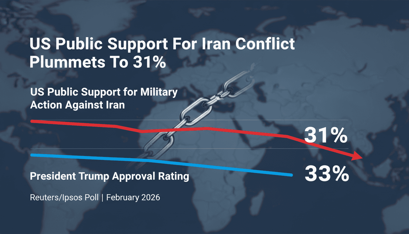 Infographic showing the decline in US support for military action against Iran and Trump's approval ratings.