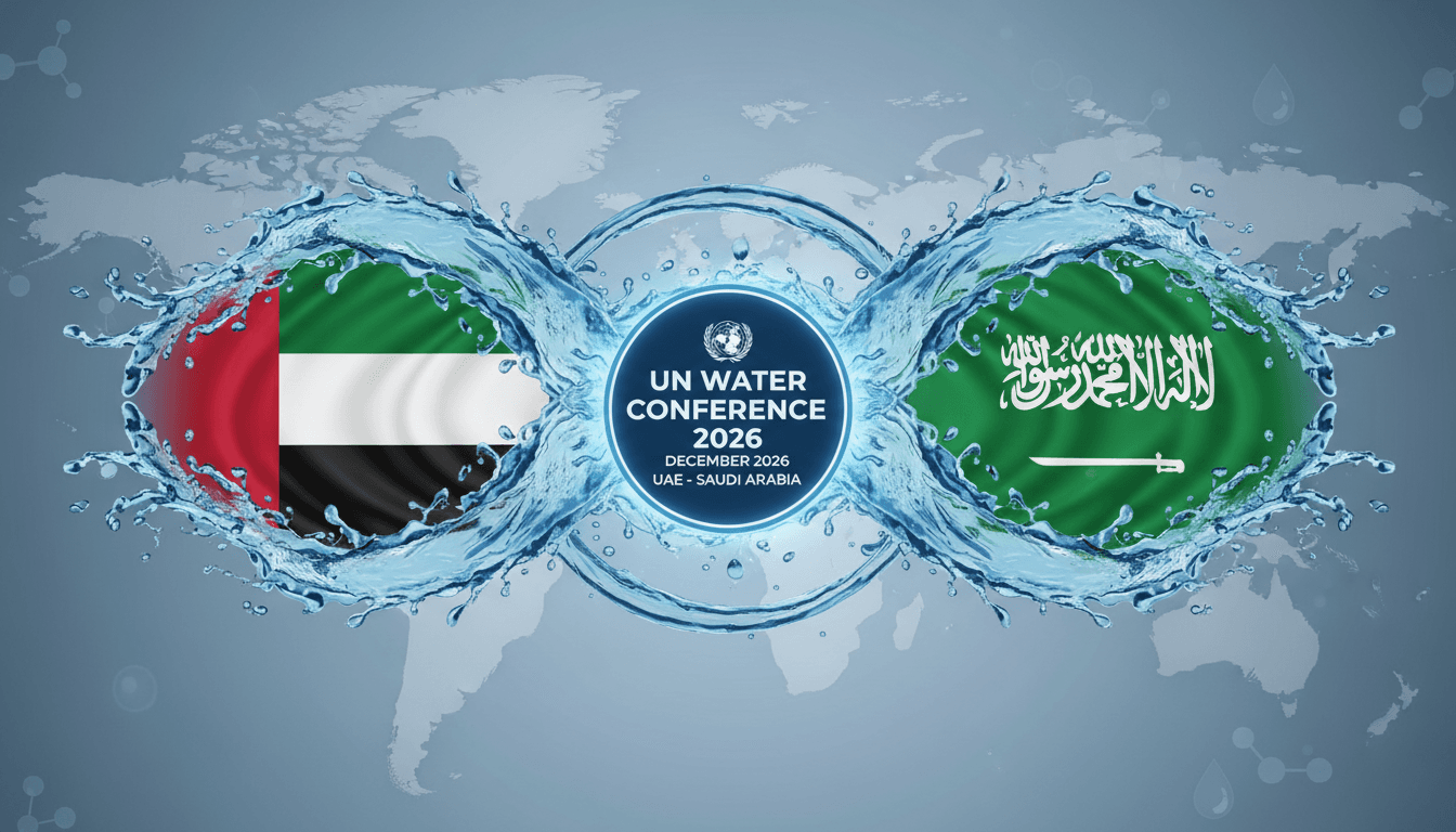 UAE and Saudi Arabia flags with water imagery for UN Water Conference 2026.