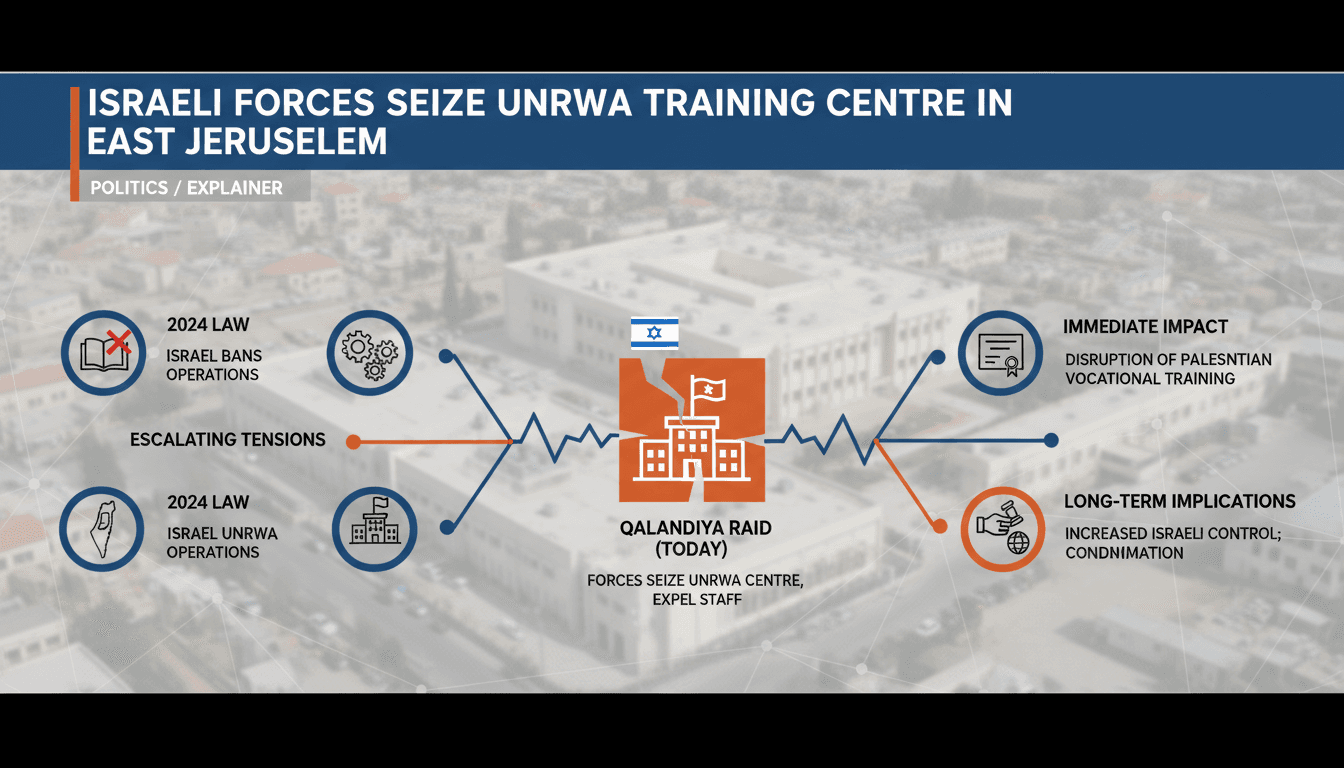 Israeli forces raising the flag at the UNRWA Qalandiya Training Centre after the raid.