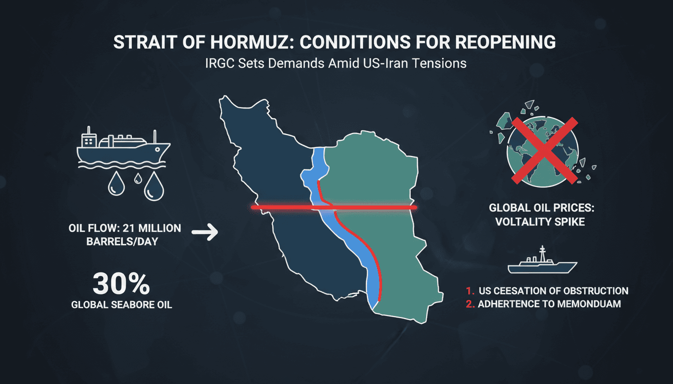 Infographic depicting the Strait of Hormuz, oil transport statistics, and geopolitical implications.
