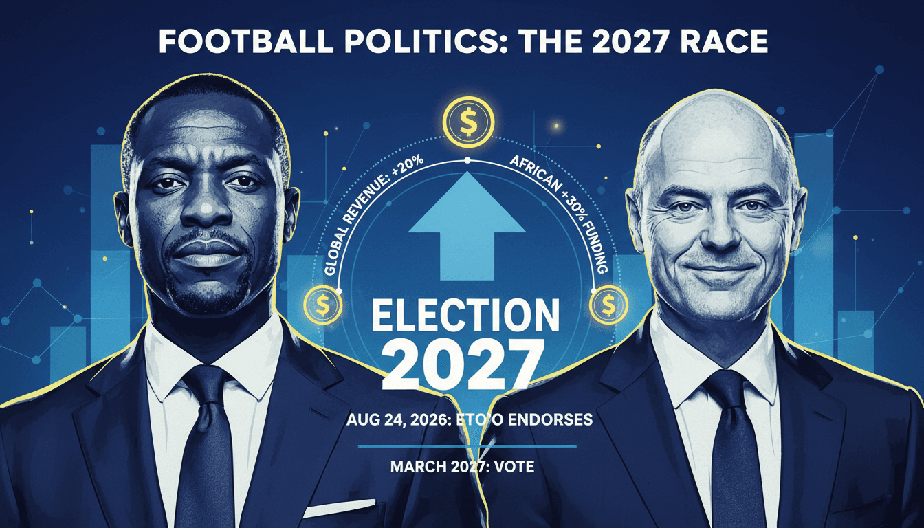 Samuel Eto'o endorsing Gianni Infantino for FIFA re-election, highlighting football governance issues.