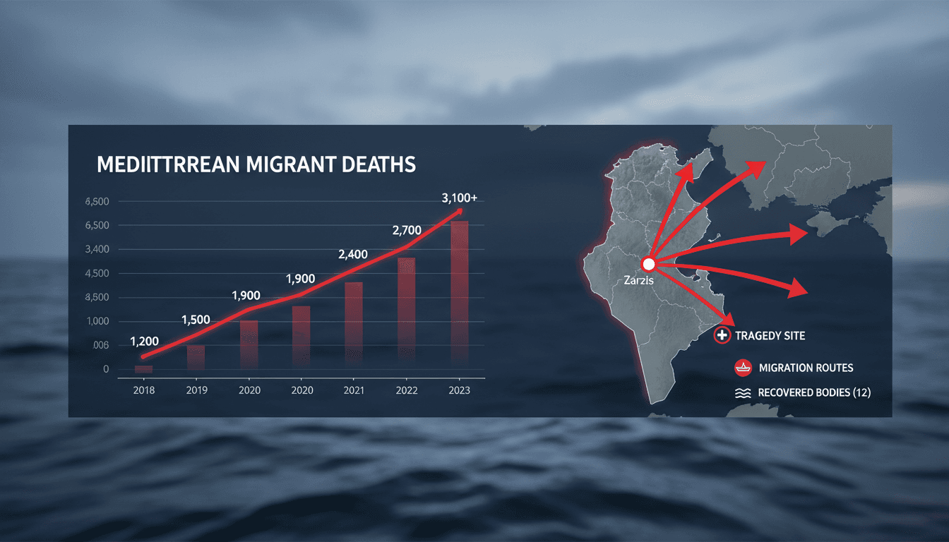A map showing Tunisia's migration routes and statistics on migrant deaths in the Mediterranean.