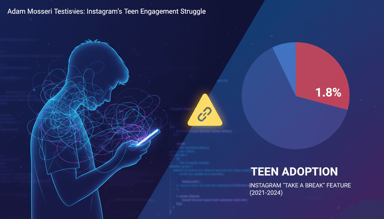 Infographic showing low adoption rates of Instagram's 'Take a Break' feature among teens, emphasizing mental health concerns.