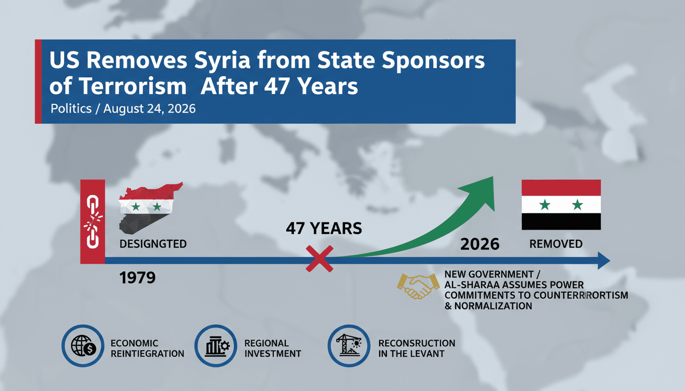 Infographic showing Syria's removal from the state sponsors of terrorism list and its implications for economic recovery.