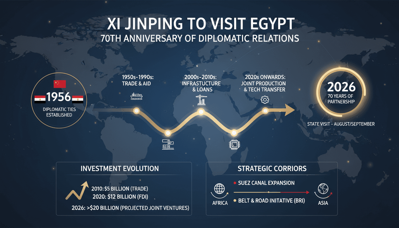 Infographic detailing the 70-year history of Egypt-China diplomatic relations and investment milestones.
