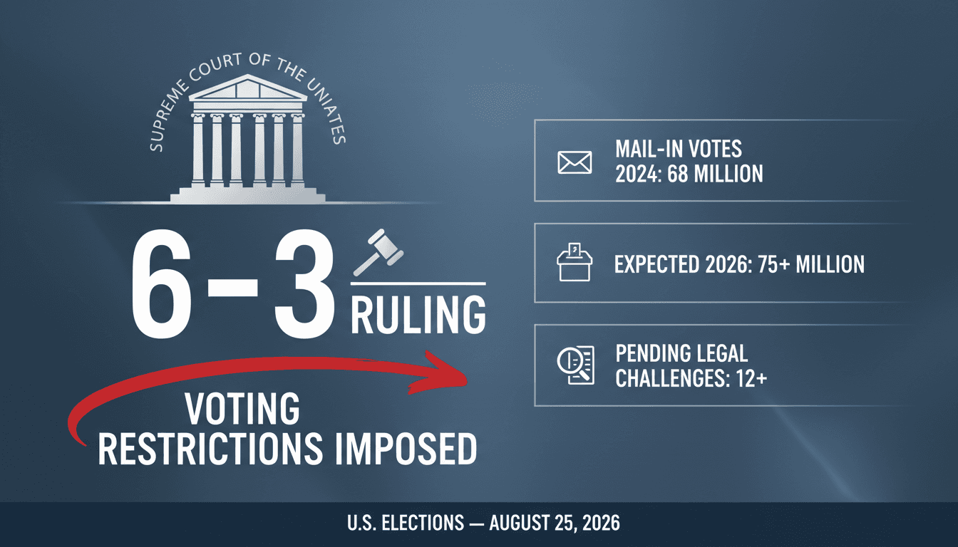 A graphic illustrating the Supreme Court's decision on mail-in voting restrictions and its implications for the upcoming elections.