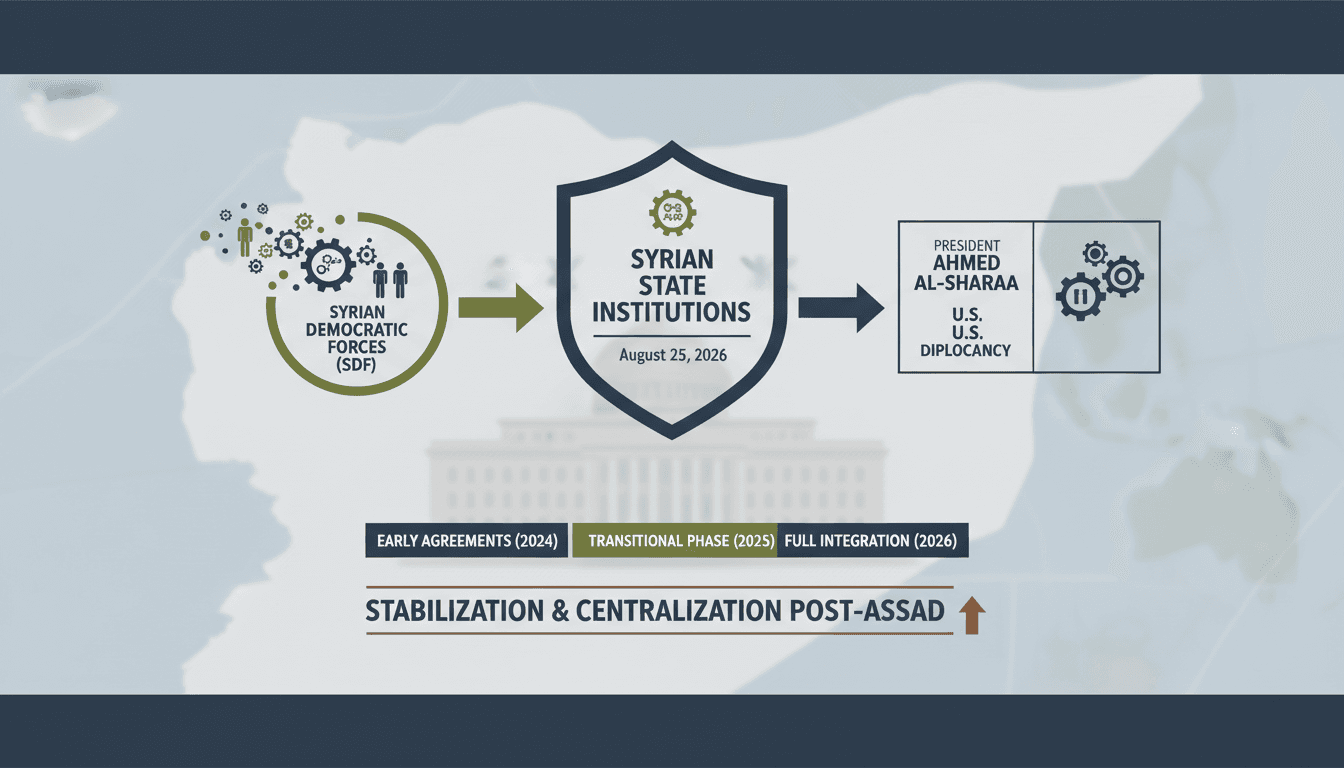Infographic showing the integration of the SDF into Syrian state institutions, highlighting key players and timelines.