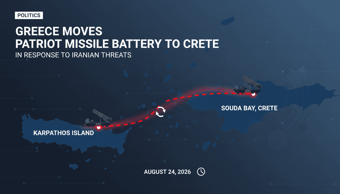 Map showing the redeployment of Greece's Patriot missile battery from Karpathos to Crete amid Iranian threats.