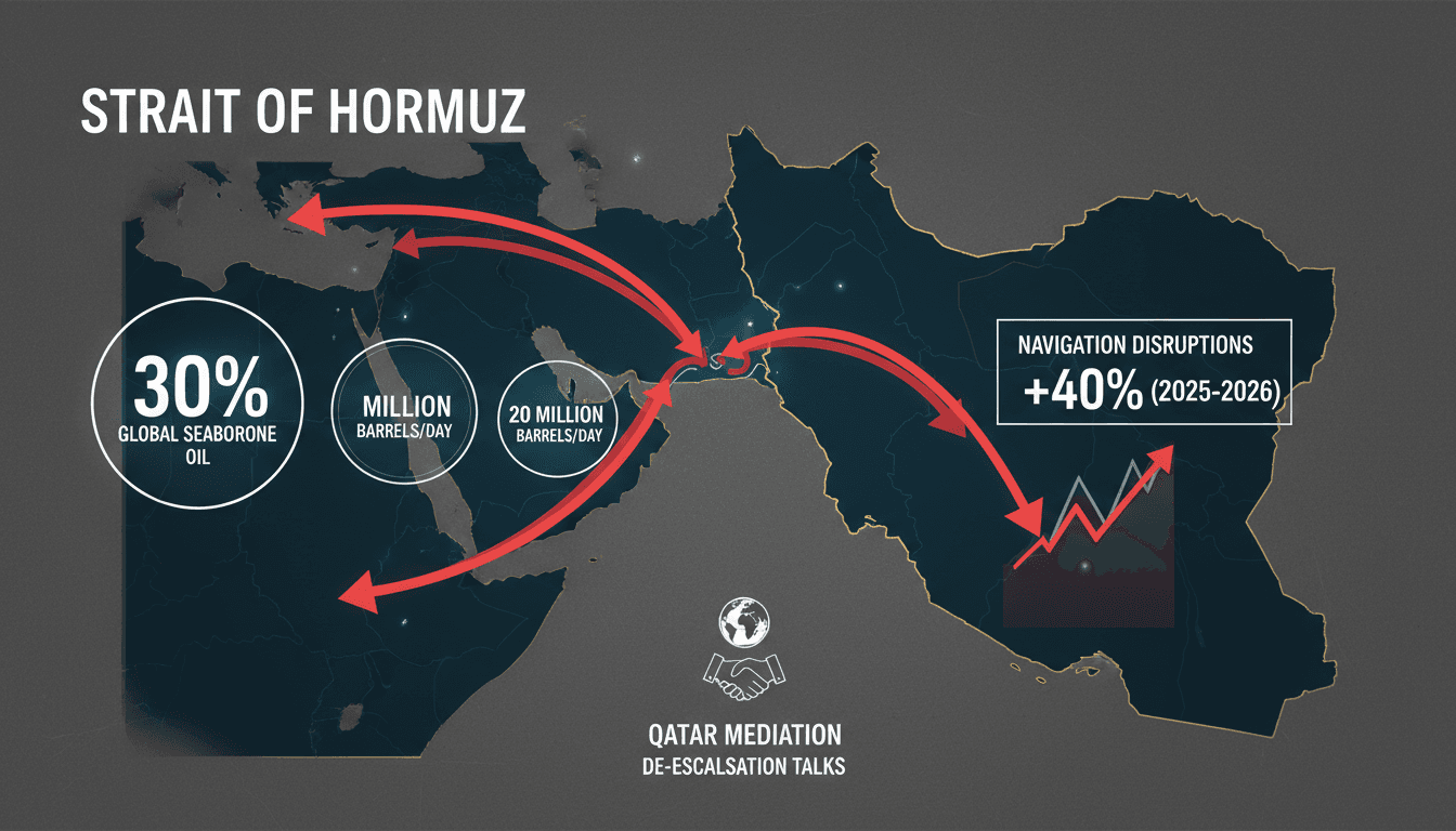 Infographic showing the Strait of Hormuz with global oil trade statistics and navigation disruption details.